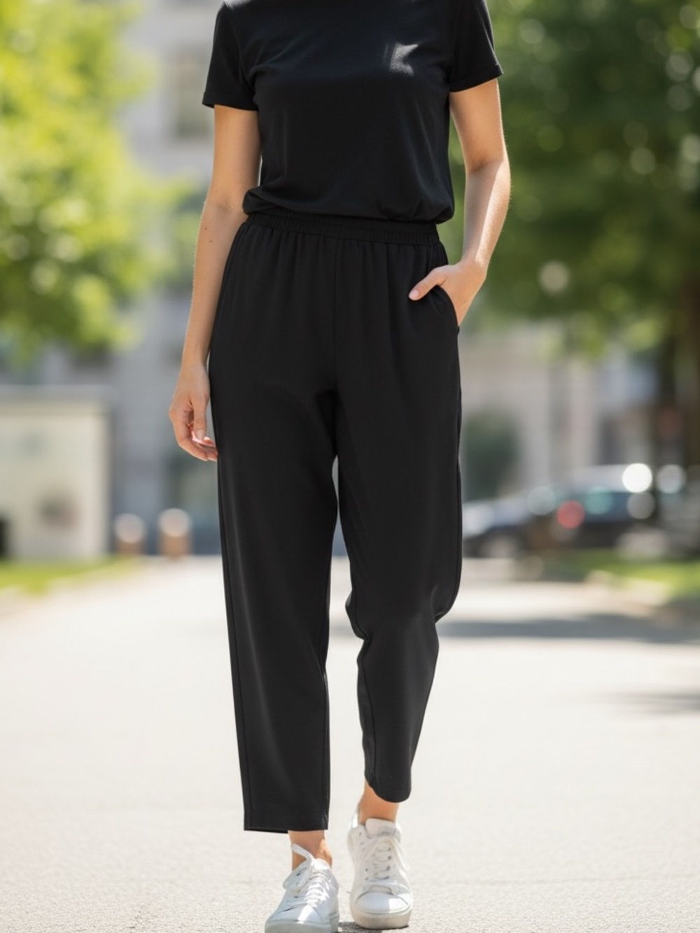 Sézane Black Pull-On Straight Leg Pants High Rise Elastic Waist Career Trousers